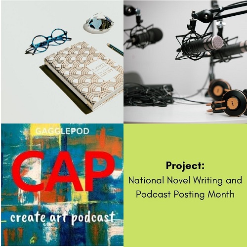 Top right picture of notebook, pen and glasses on blank table, top left microphones and boom arms, bottom left podcast logo, bottom right title of the episode