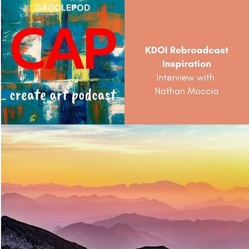 lower half view of sky overlooking a mountain range in the background, top half left side logo of the podcast, right half episode title about inspiration