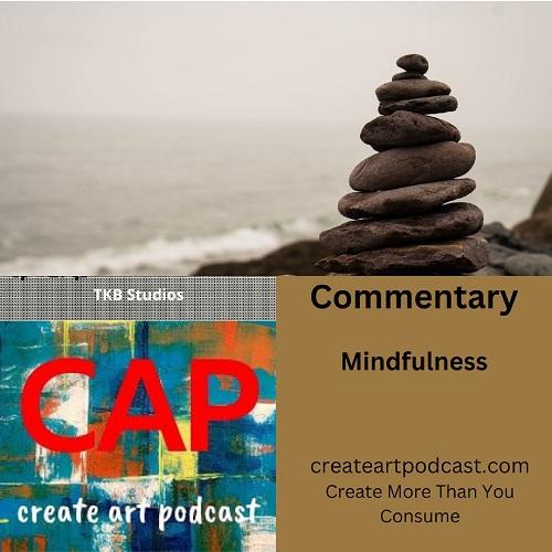 top half picture of stones balanced on eachother inthe foreground, background beach and ocean, bottom half left side podcast logo right side title card showing mindfulness
