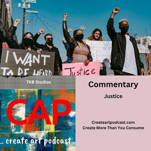 top half5 people wearing masks holding protest signs and raising their fists, bottom half left side title card for episode, bottom left podcast logo