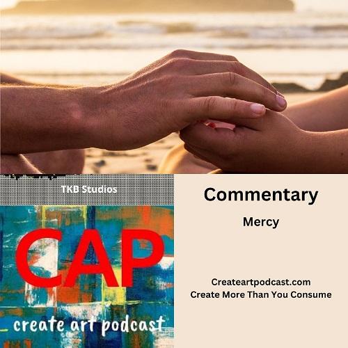 top half hands holding with beach in background, bottom half lrft side podcast logo right side episode card on Mercy