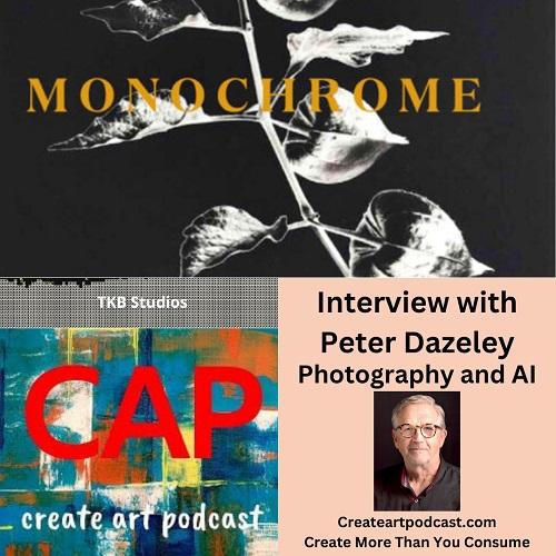 top half picture of cover of new book by Peter Dazeley Monochrome, bottom half left side pofcast logo, right side is title card with picture of guest.