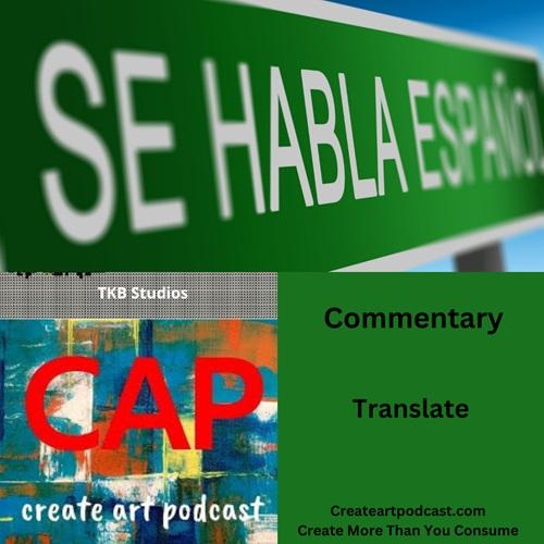 top half street sign in Spanish, bottom left side podcast logo right side title card