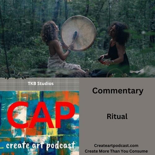 top half two people in a forest playing with a bass drum bottom half left side podcast logo right side title card